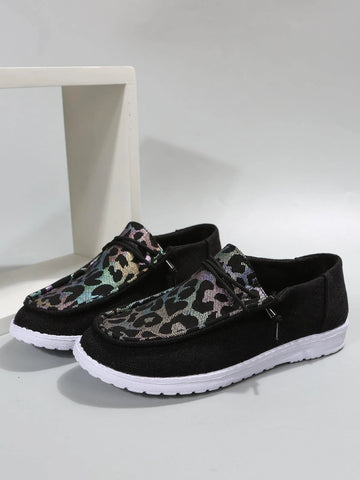 Women Leopard Pattern Lace-up Design Casual Shoes, Sporty Outdoor Canvas Shoes
