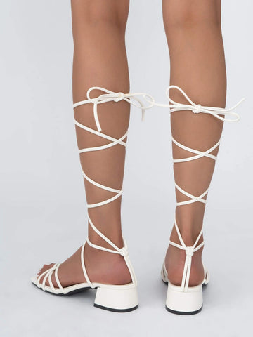 Women Tie Leg Design Chunky Heeled Strappy Sandals, Elegant Outdoor Heeled Sandals