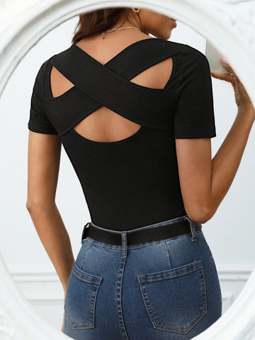 Frenchy Solid Criss Cross Cut Out Back Tee