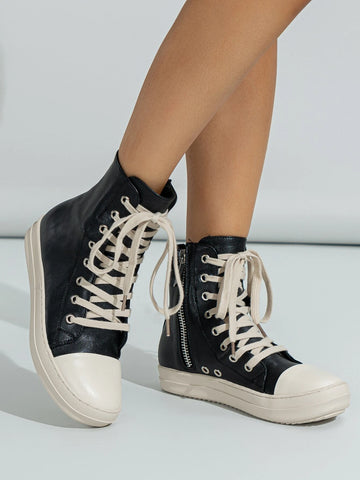 Women Eyelet Detail Lace Up Zipper Side High Top Casual Shoes, Sporty Skate Shoes For Outdoor