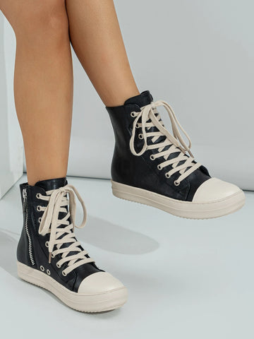 Women Eyelet Detail Lace Up Zipper Side High Top Casual Shoes, Sporty Skate Shoes For Outdoor