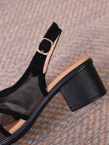 Women Criss Cross Buckle Decor Chunky Heeled Sandals, Elegant Mesh Slingback Sandals For Outdoor