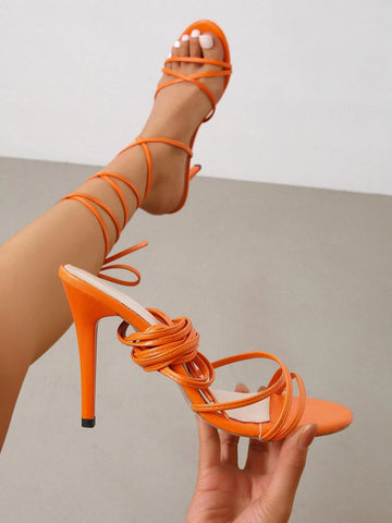 Women Criss Cross Tie Leg Design Sandals, Strappy Stiletto Heeled Funky Sandals Orange