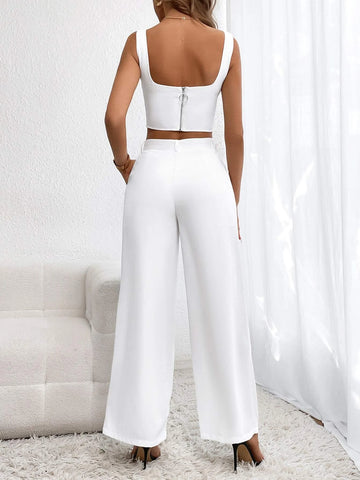 Solid Notched Neck Crop Tank Top & Wide Leg Pants