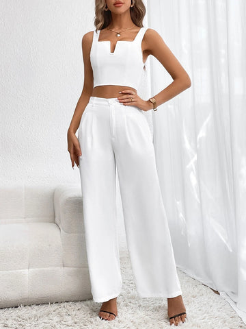 Solid Notched Neck Crop Tank Top & Wide Leg Pants