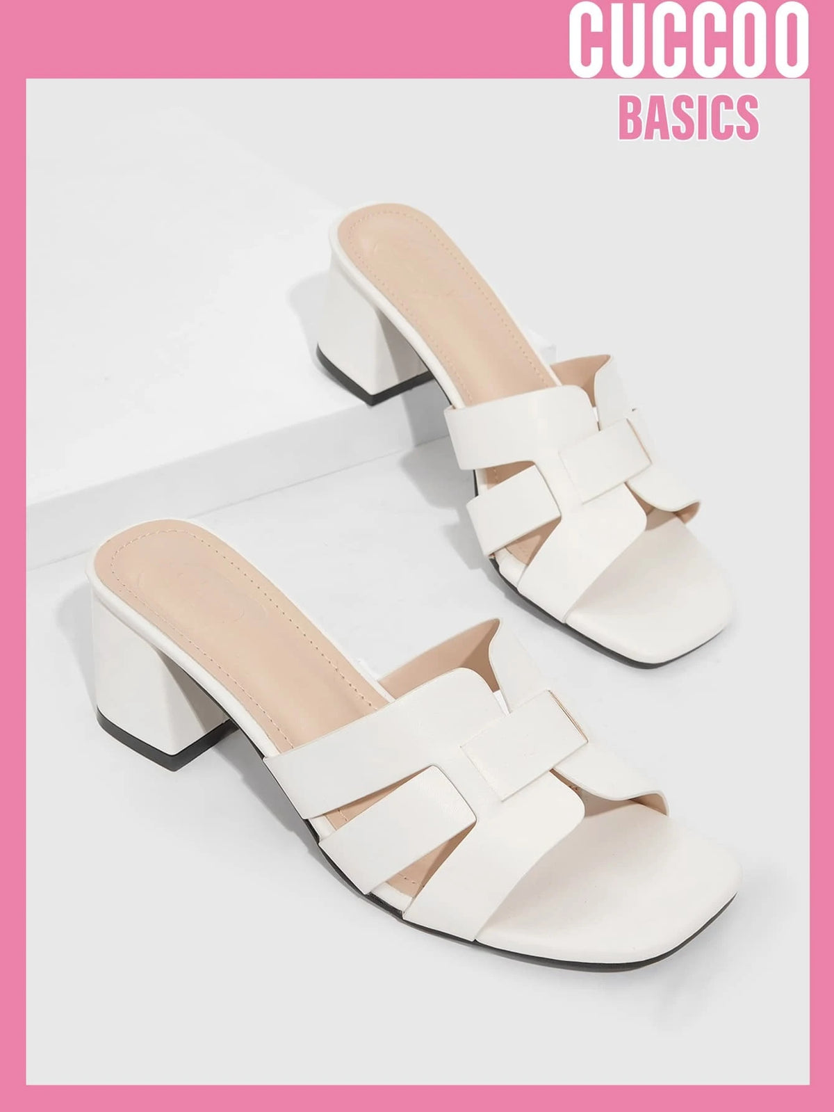 CUCCOO Basic Women Braided Detail Chunky Heeled Sandals, Elegant White Mule Sandals