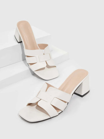 CUCCOO Basic Women Braided Detail Chunky Heeled Sandals, Elegant White Mule Sandals