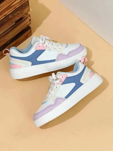 Women Comfortable Lace Up Front Color Block Perforated Detail Casual Shoes, Sporty Outdoor Skate Shoes