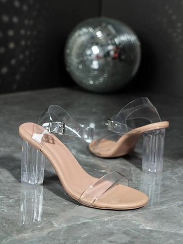 Women Minimalist Ankle Strap Sandals, PVC Chunky Heeled Fashion Sandals