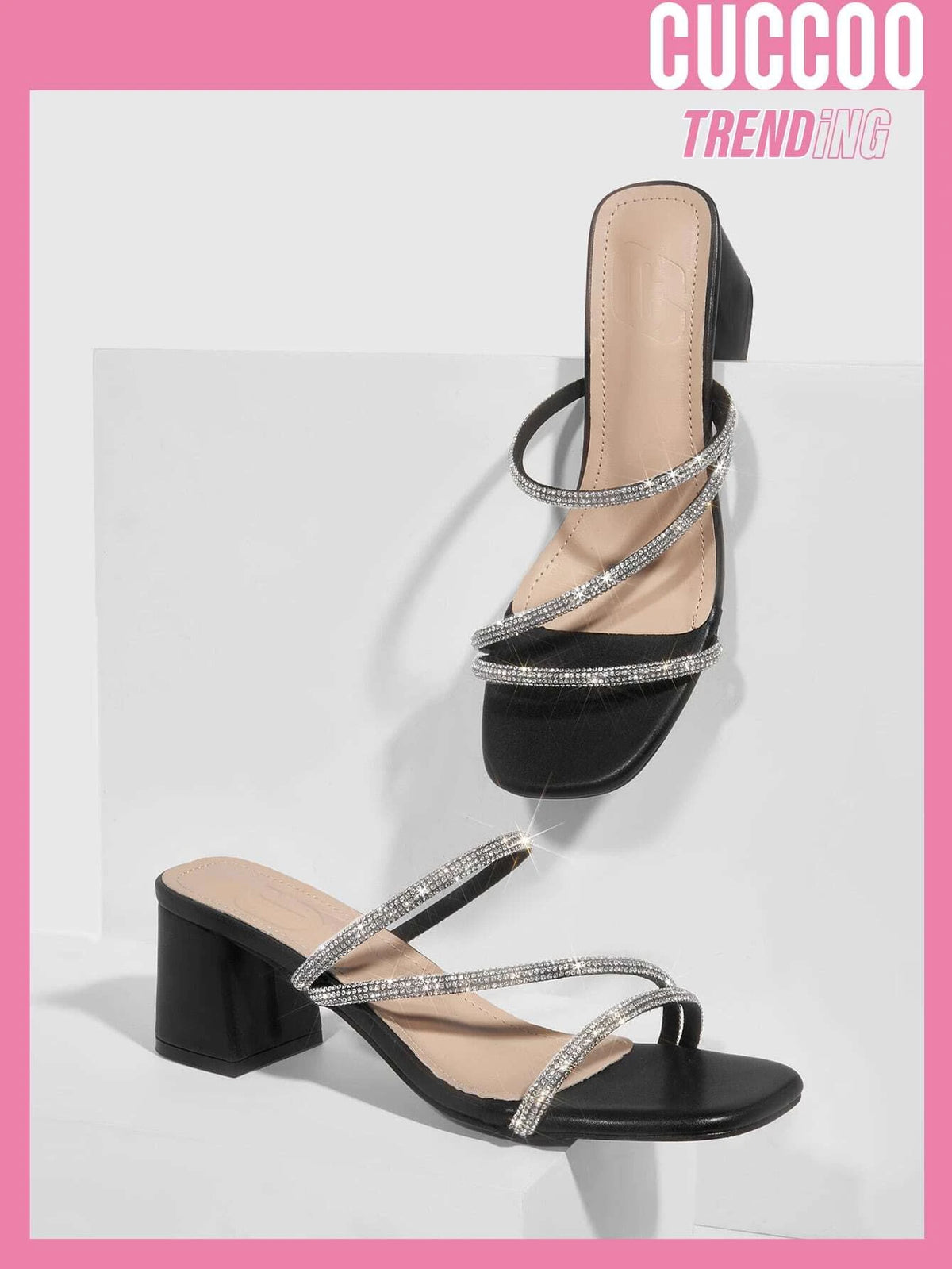 CUCCOO Trending Women Rhinestone Decor Chunky Heeled Sandals, Glamorous Outdoor Mule Sandals