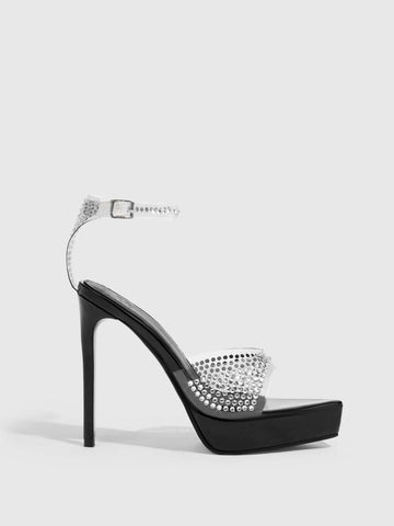 CUCCOO Baddie Collection Women Rhinestone Decor Stiletto Heeled Sandals, Glamorous Banquet Ankle Strap Sandals