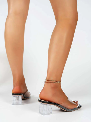 Women Mules, PVC Chunky Heeled Fashion Sandals