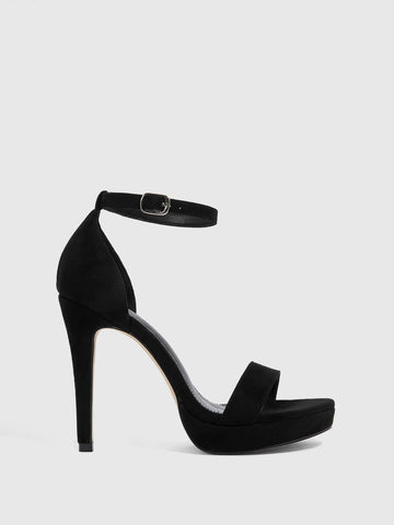 CUCCOO Basic Women Single Band Stiletto Heeled Sandals, Elegant Black Faux Suede Ankle Strap Sandals