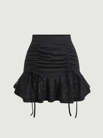 MOD Contrast Lace Drawstring Ruched Ruffle Hem Skirt