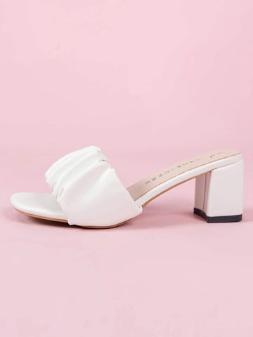 Women Minimalist Ruched Design Chunky Heeled Mule Sandals, Elegant White Sandals