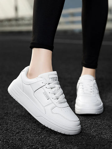 Sporty White Skate Shoes For Women, Letter Patch Decor Lace Up Sneakers