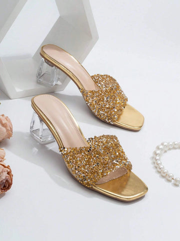 Women Rhinestone Decor Clear Chunky Heeled Mule Sandals, Glamorous Glass Heeled Sandals