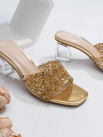 Women Rhinestone Decor Clear Chunky Heeled Mule Sandals, Glamorous Glass Heeled Sandals