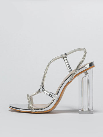 Glamorous Slingback Sandals For Women, Rhinestone Decor Chunky Heeled Sandals