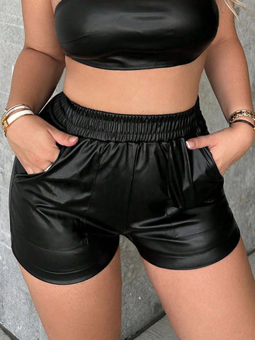 SXY Elastic Waist Slant Pocket PU Leather Shorts