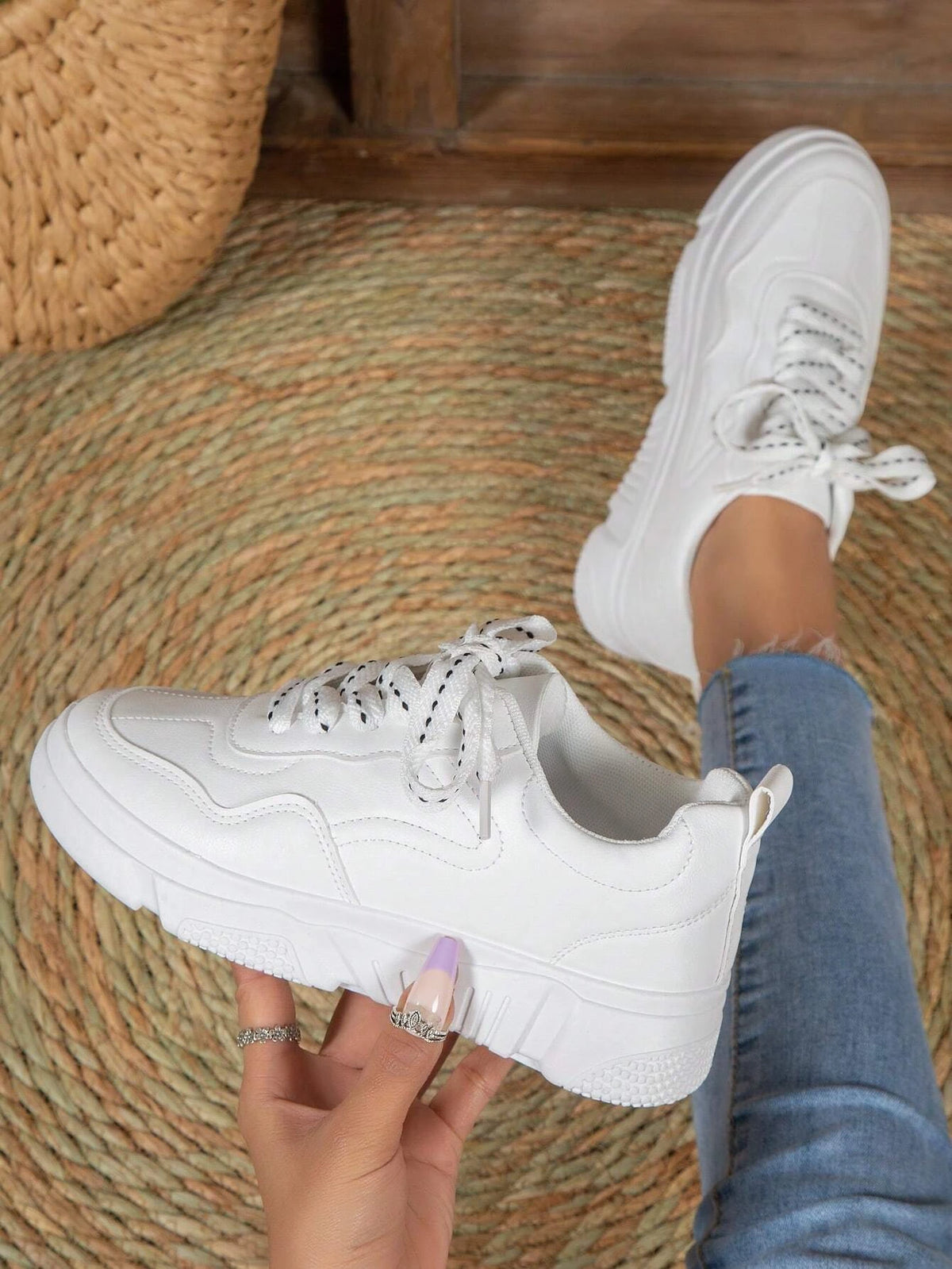 Sporty White Sneakers For Women, Stitch Detail Lace-up Front Skate Shoes