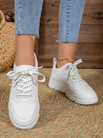 Sporty White Sneakers For Women, Stitch Detail Lace-up Front Skate Shoes
