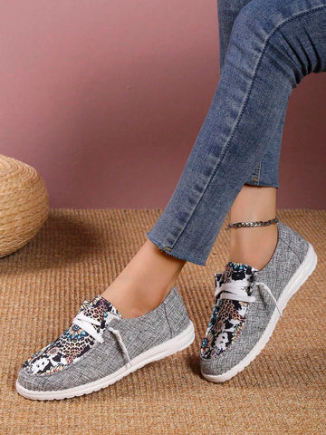 Women Flower Pattern Lace-up Front Casual Shoes, Sporty Outdoor Polyester Shoes