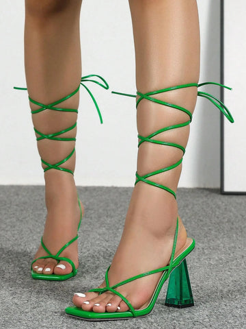 Women Tie Leg Design Sculptural Heeled Thong Sandals, Fashion Red Sandals For Outdoor