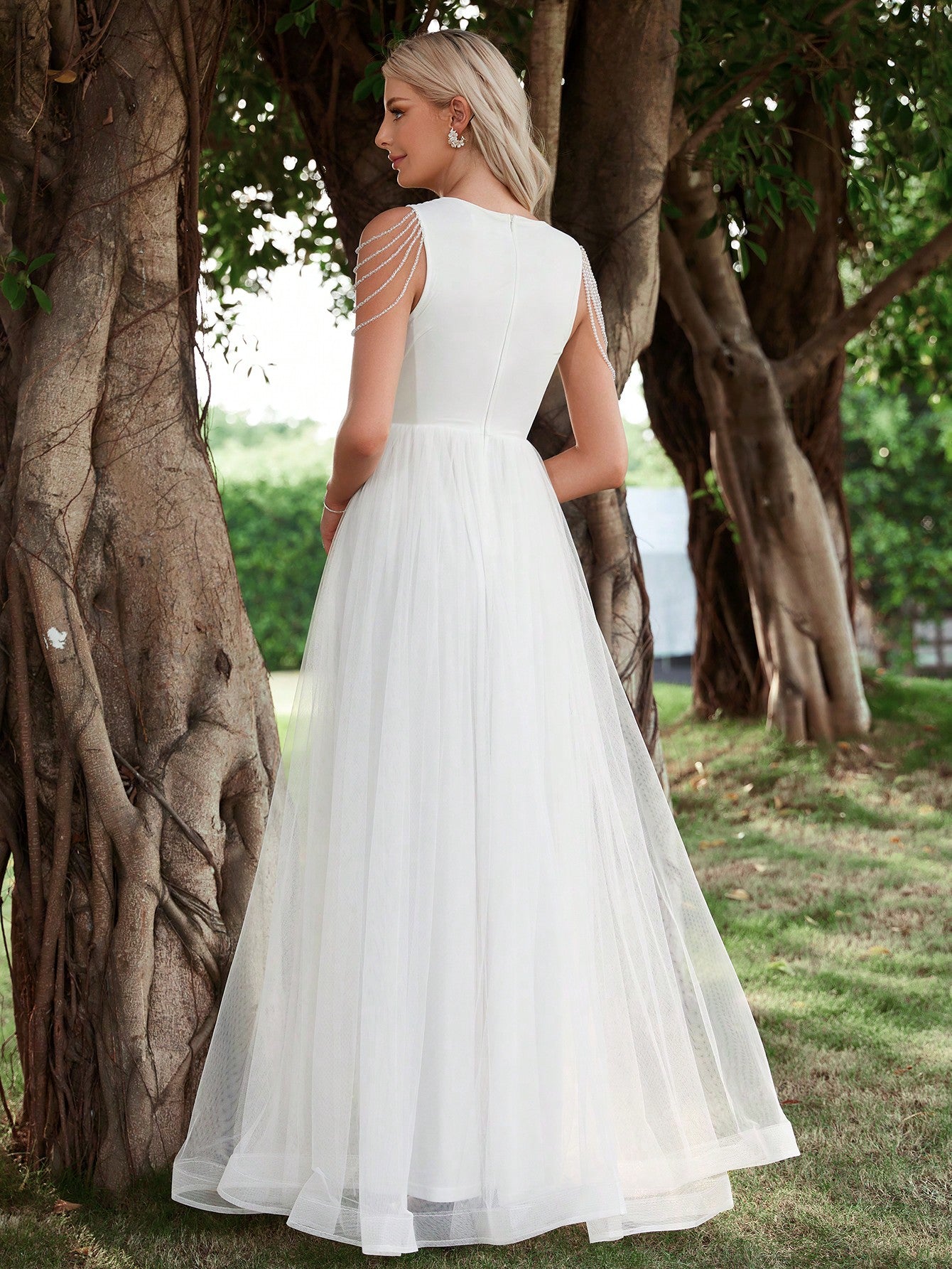 Contrast Mesh Lace Trim Floor Length Wedding Dress